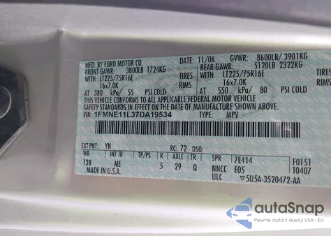 2007 Ford E-150 Chateau/Xl/Xlt z USA, uszkodzony, nr VIN 1FMNE11L37DA19534